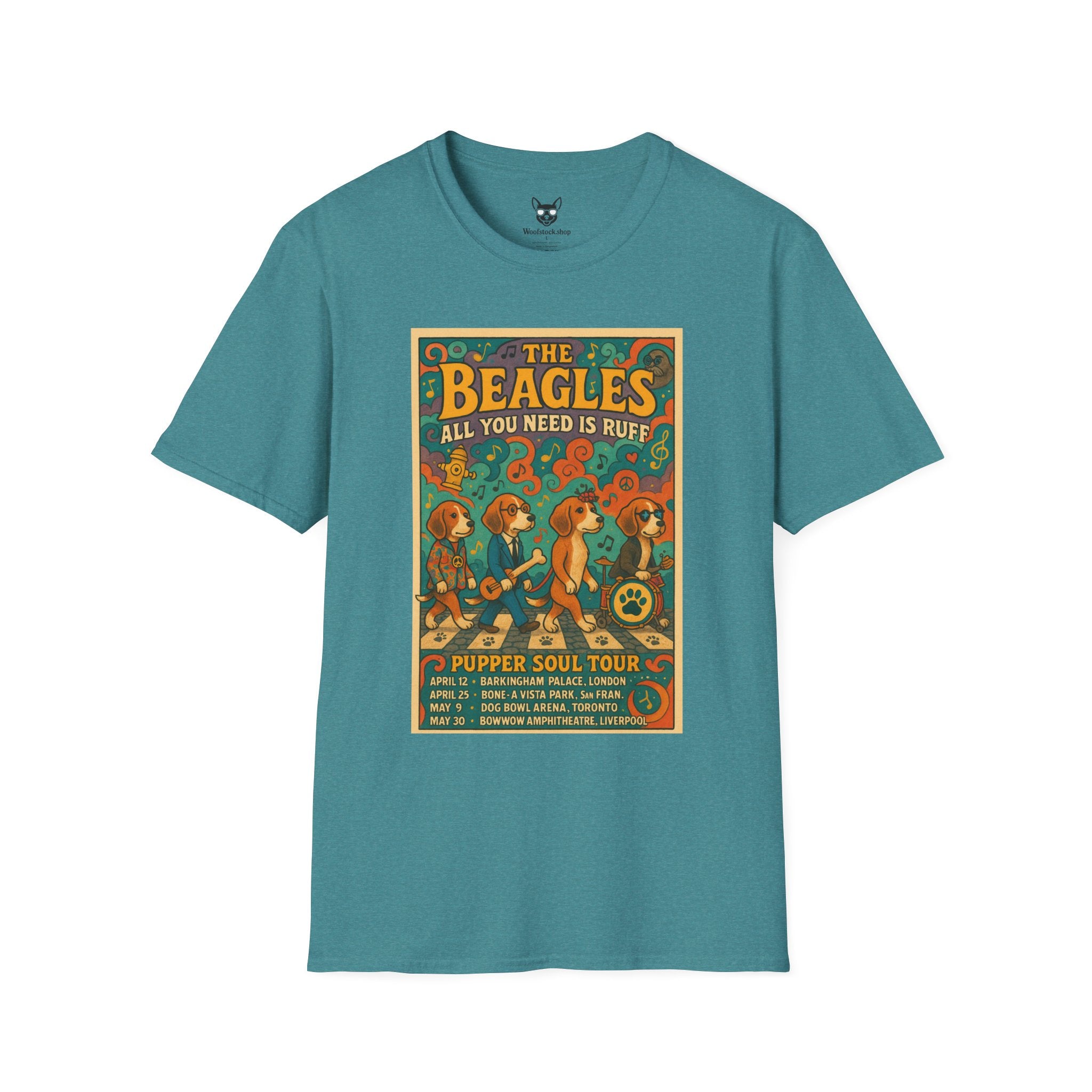 The Beatles Concert Poster Dog Parody Unisex Softstyle T-Shirt -- Funny Dog Concert Tee for Music and Dog Lovers